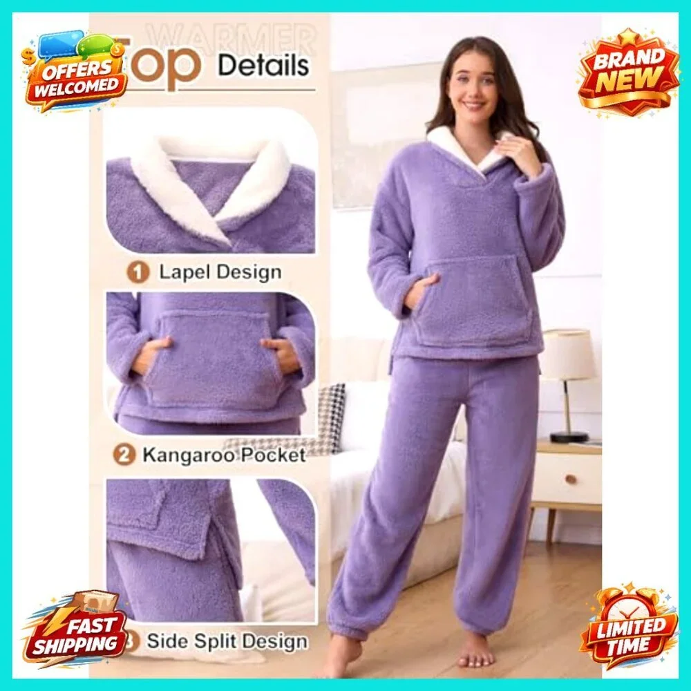 Fleece Fuzzy Pajama Set Cozy Winter Sleepwear Loungewear Pullover Pants Plush - Picture 4 of 7